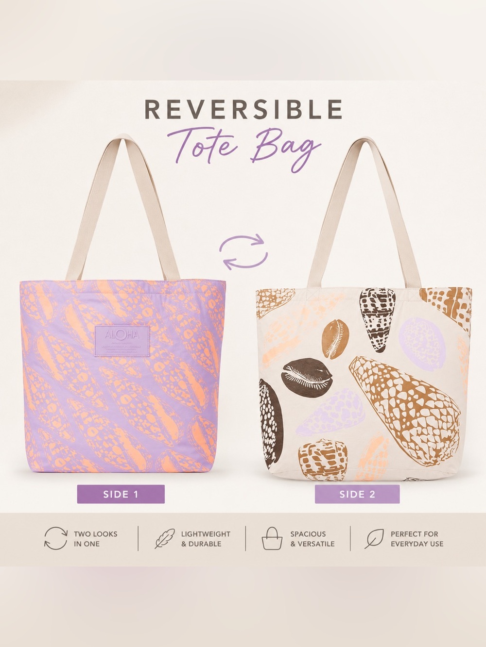 ALOHA Collection Miter Lineup Reversible Tote Nectarine Lavender Shell Print